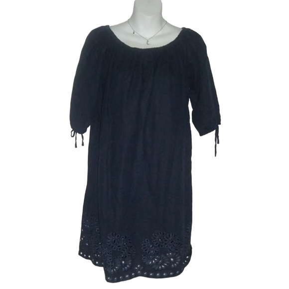 J. Crew Dress Linen Blend Eyelet Navy Blue Coastal Grandmother Beach Vacation M - Picture 1 of 9